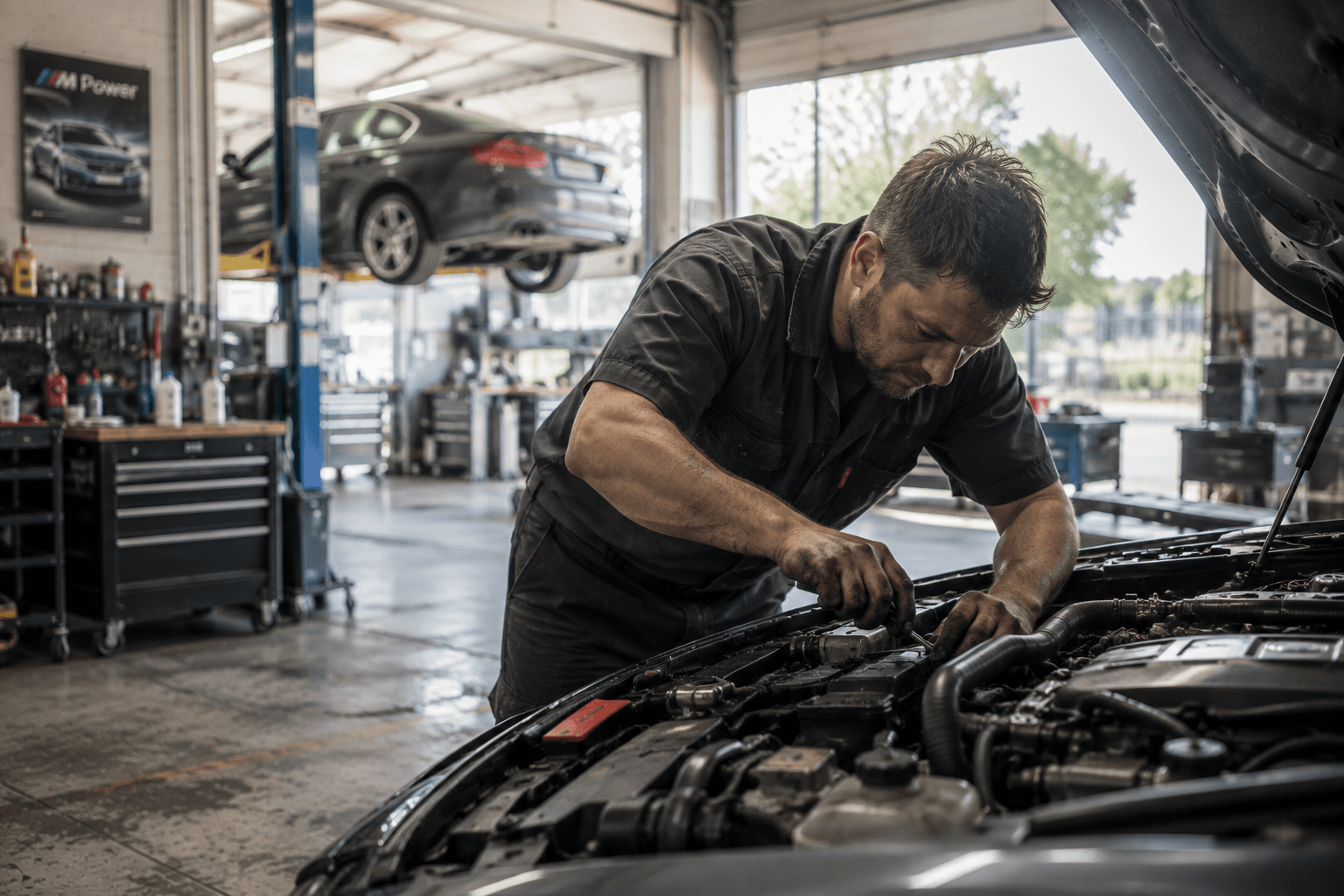 BYB technician carefully working on a luxury car engine bay