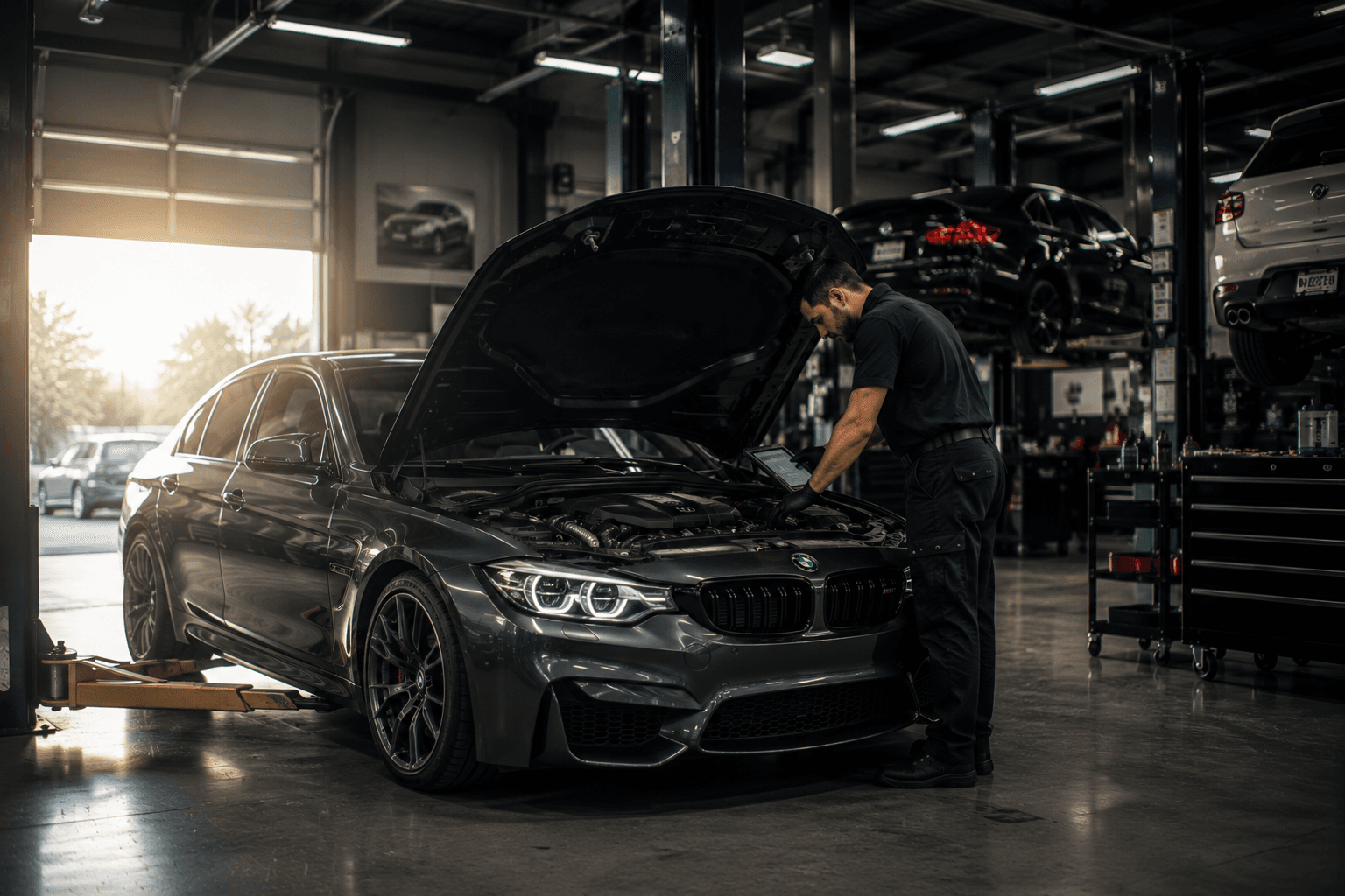 Inside the BYB premium automotive workshop — a dark luxury sedan poised under a lift, illuminated by atmospheric blue light