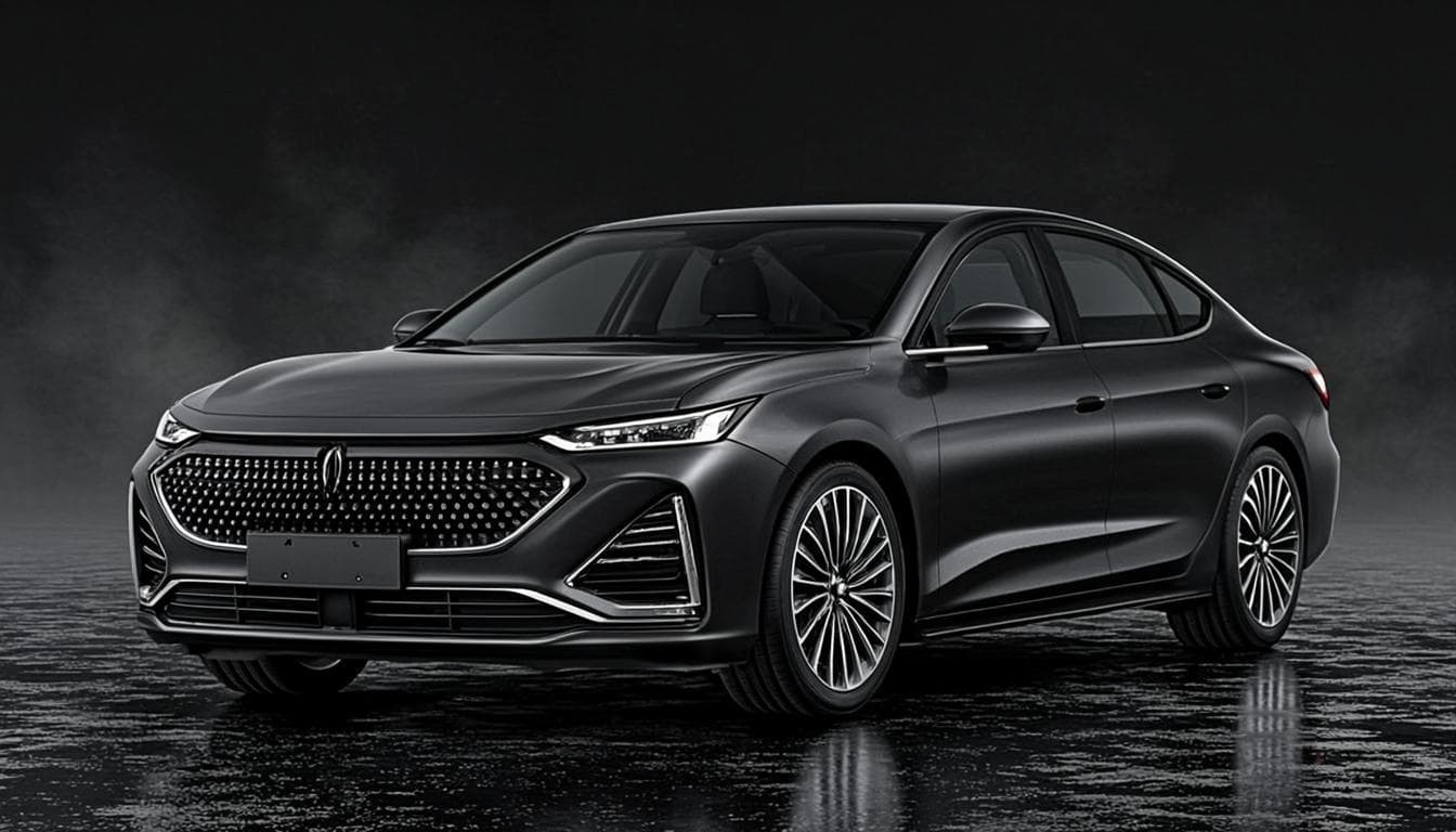A luxury sedan undergoing BYB's documented multi-point inspection in a dark charcoal workshop